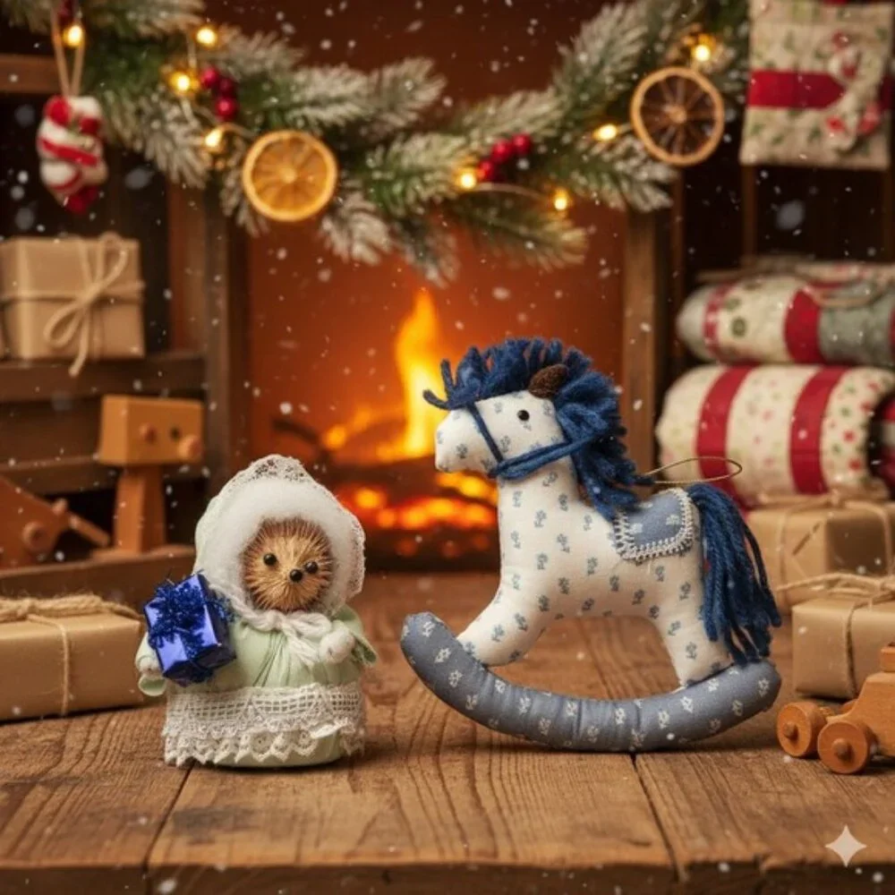 Handmade Hedgehog Christmas Ornament Rocking Horse Set Whimsical Holiday vintage - Picture 1 of 7